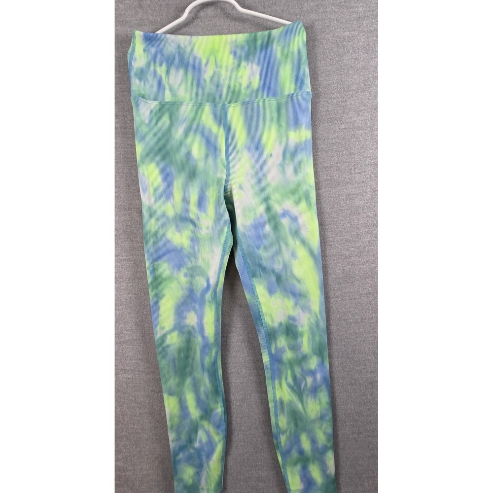 Carbon38 Womens Leggings M Neon Green Blue Watercolor Brushstroke Ribbed Active